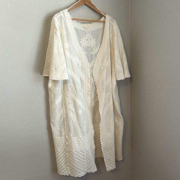 NWT, Cactus+Pearl Womens Embroidered Open Front Duster Kimono in Ivory, Size XXL - Picture 1 of 8
